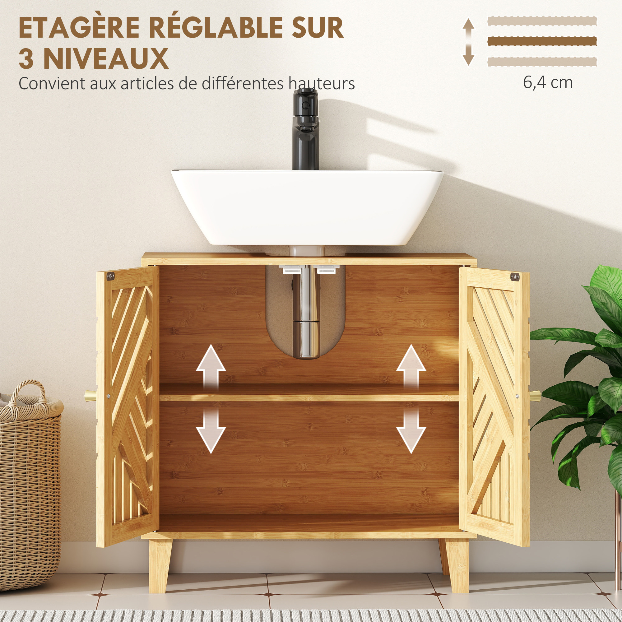 Meuble sous lavabo, meuble de salle de bain en bambou avec étagère réglable et portes à lattes, anti-humidité, 60 x 30 x 60 cm, naturel