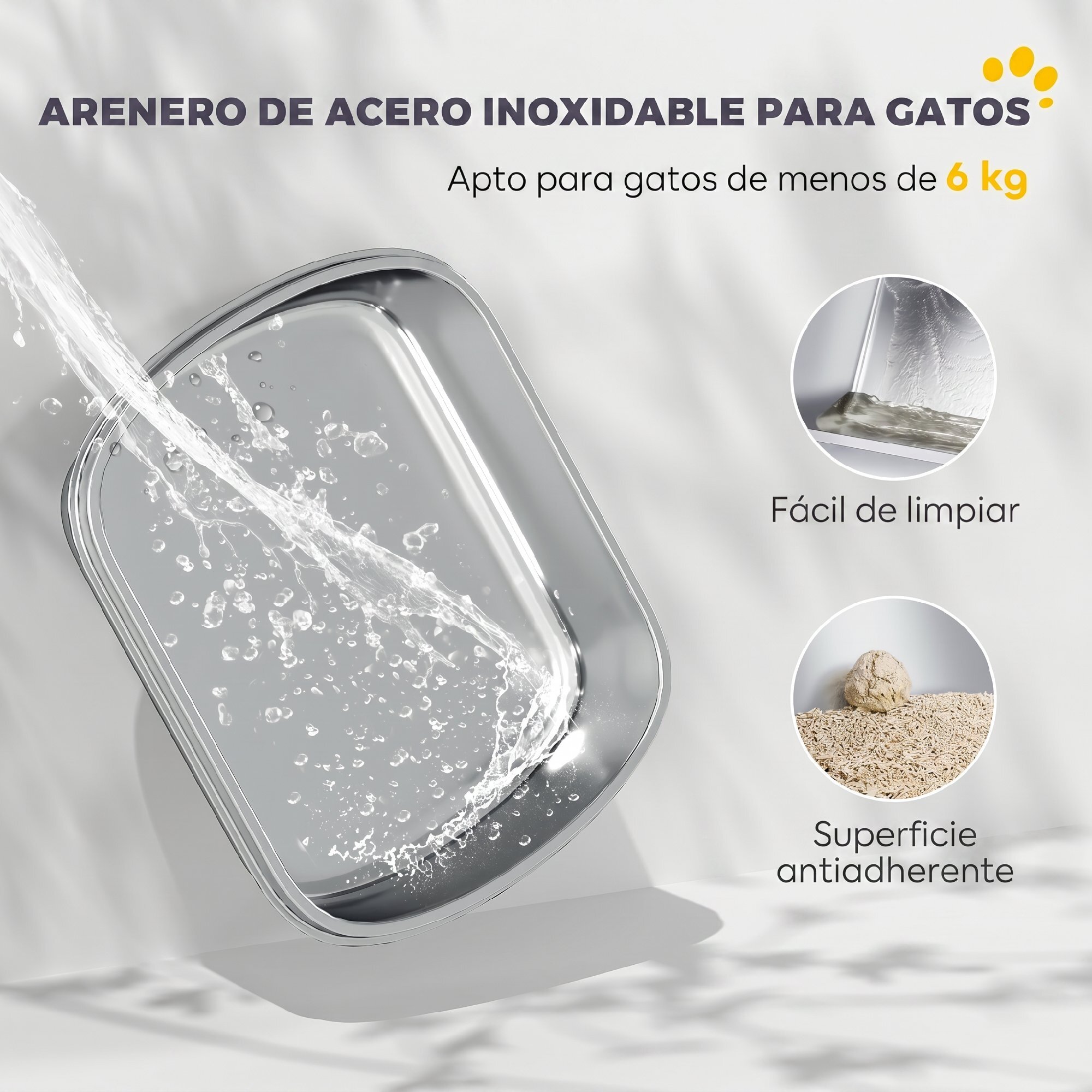 Arenero para Gatos de Acero Inoxidable L, Caja de Arena para Gatos con Tapa Abatible, Pala Metálica, Bolsa Desodorizante, Fácil de Limpiar, Antifugas, Gris Claro