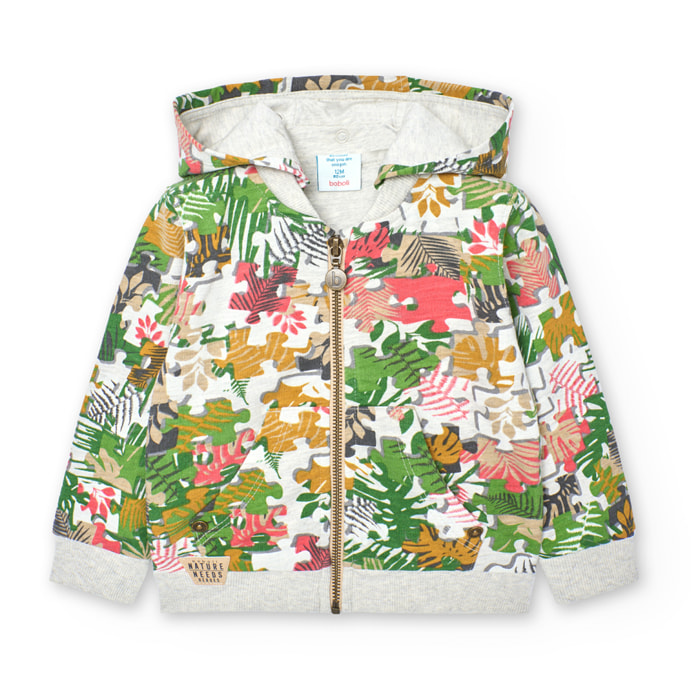 Chaqueta felpa niÃ±o, capucha desmontable estampada, verde