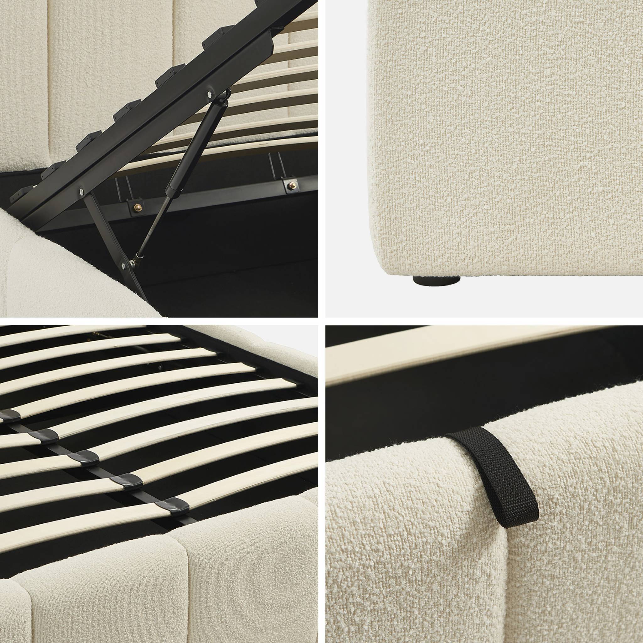 Lit coffre double avec sommier à lattes et tête de lit blanc finition bouclette texturée 140x190cm- Lex