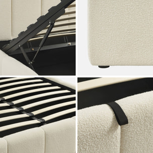 Lit coffre double avec sommier à lattes et tête de lit blanc finition bouclette texturée 140x190cm- Lex