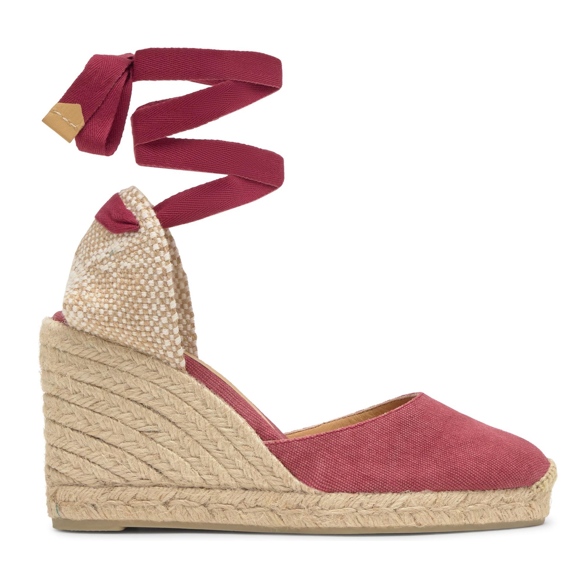 Alpargata de cuña 6 cm en lona de algodón con cintas al tobillo y talonera trenzada