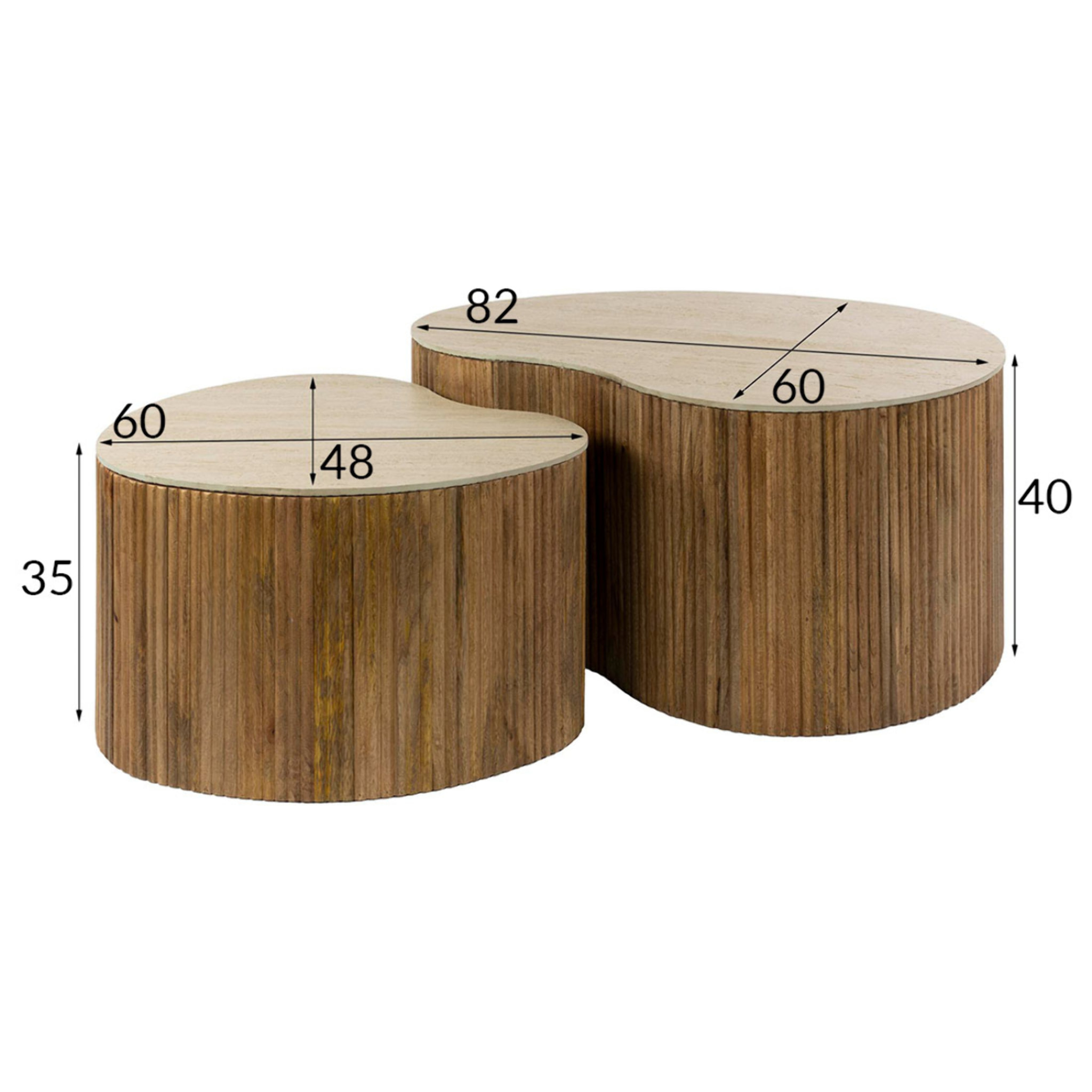 Jade - lot de 2 tables basses gigognes effet travertin - pieds en bois massif de manguier - 93 et 76 cm - Bois / Beige
