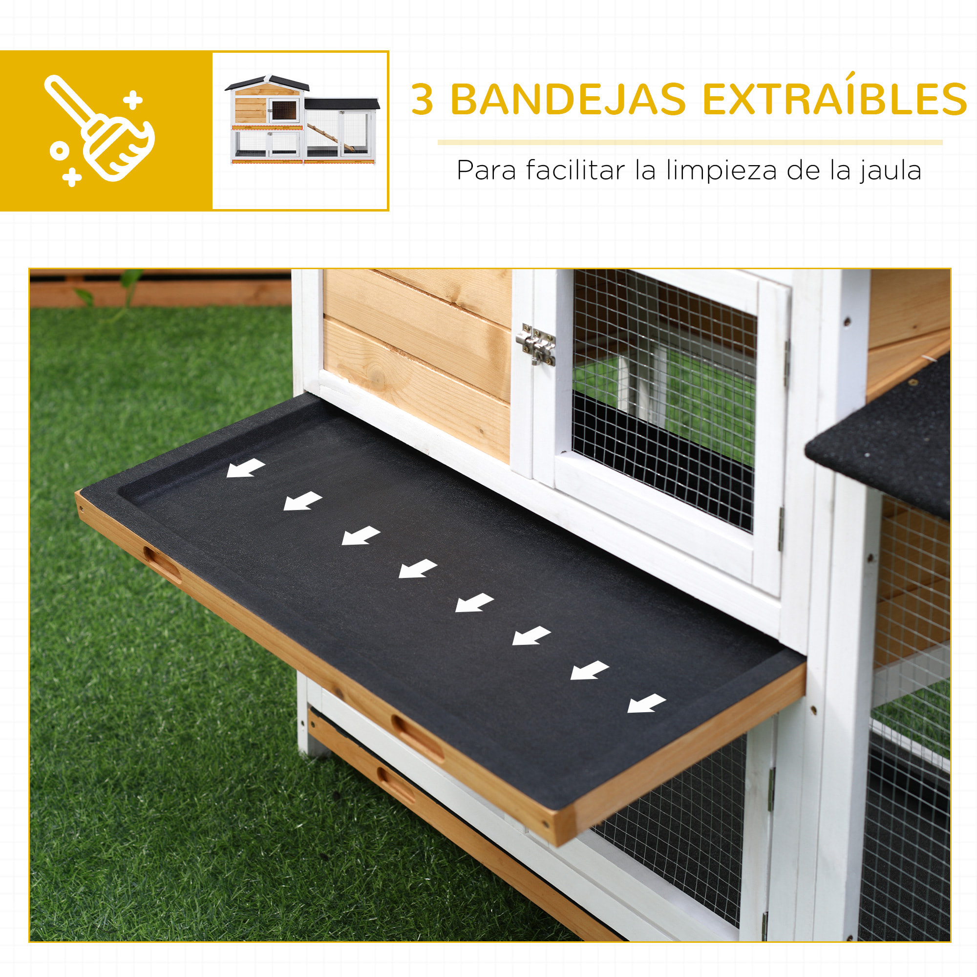 Conejera de Madera Exterior Jaula para Conejos de 2 Niveles con Techo Asfáltico 2 Corrales de Metal Bandeja Extraíble 2 Puertas y Rampa 157,4x53x93,5 cm Natural