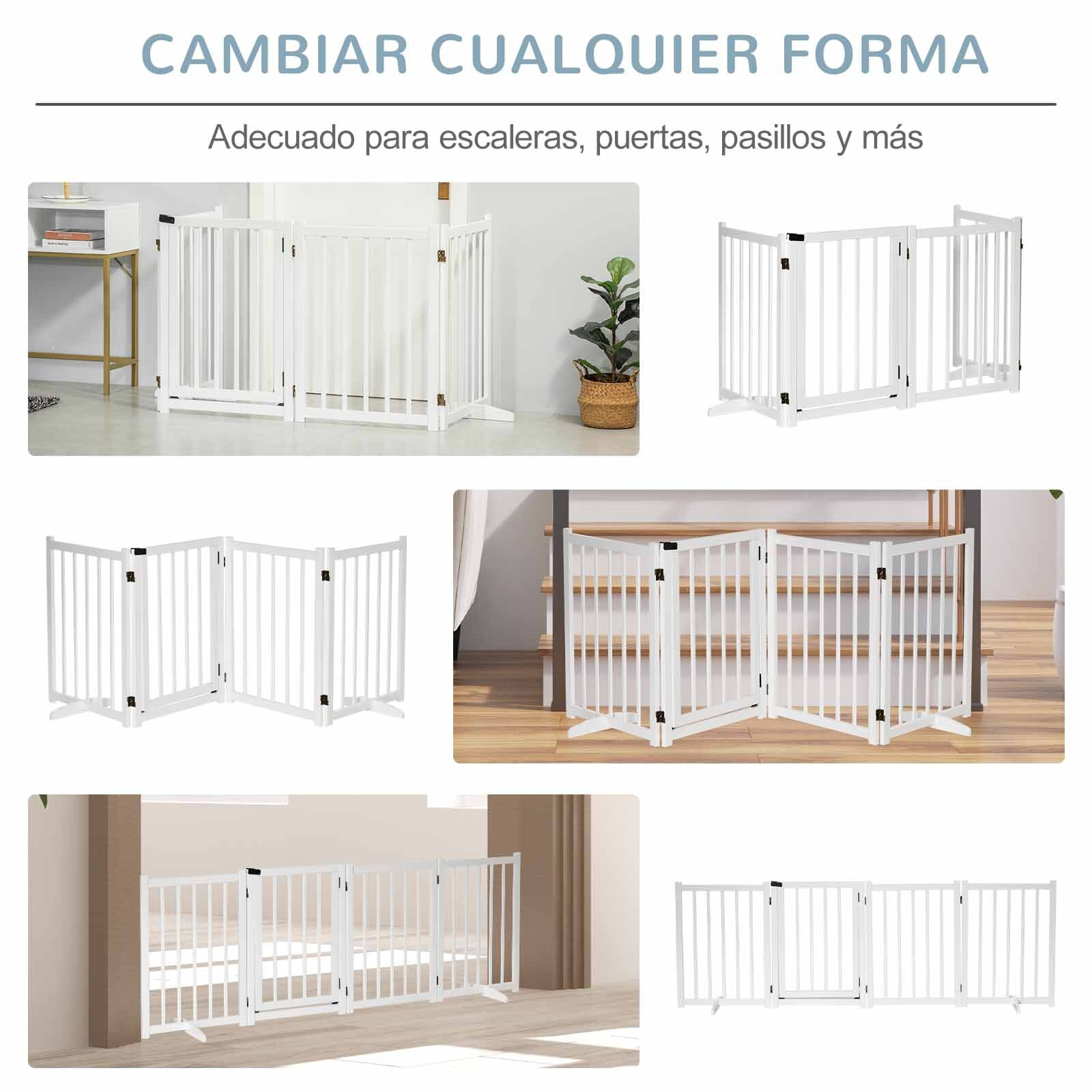 PawHut Barrera para Perros Plegable Valla para Perros Pequeños y Medianos de 4 Paneles con Puerta Barrera de Seguridad de Madera para Escaleras Pasillos 237,5x36x80 cm Blanco