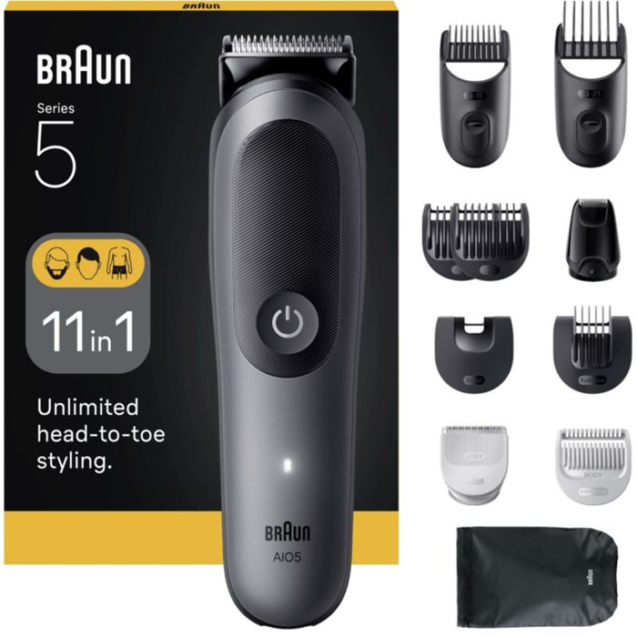 Tondeuse multi usages BRAUN AIO5560, 14 hauteurs de coupe, précision 0,5 mm, autonomie 120 mn