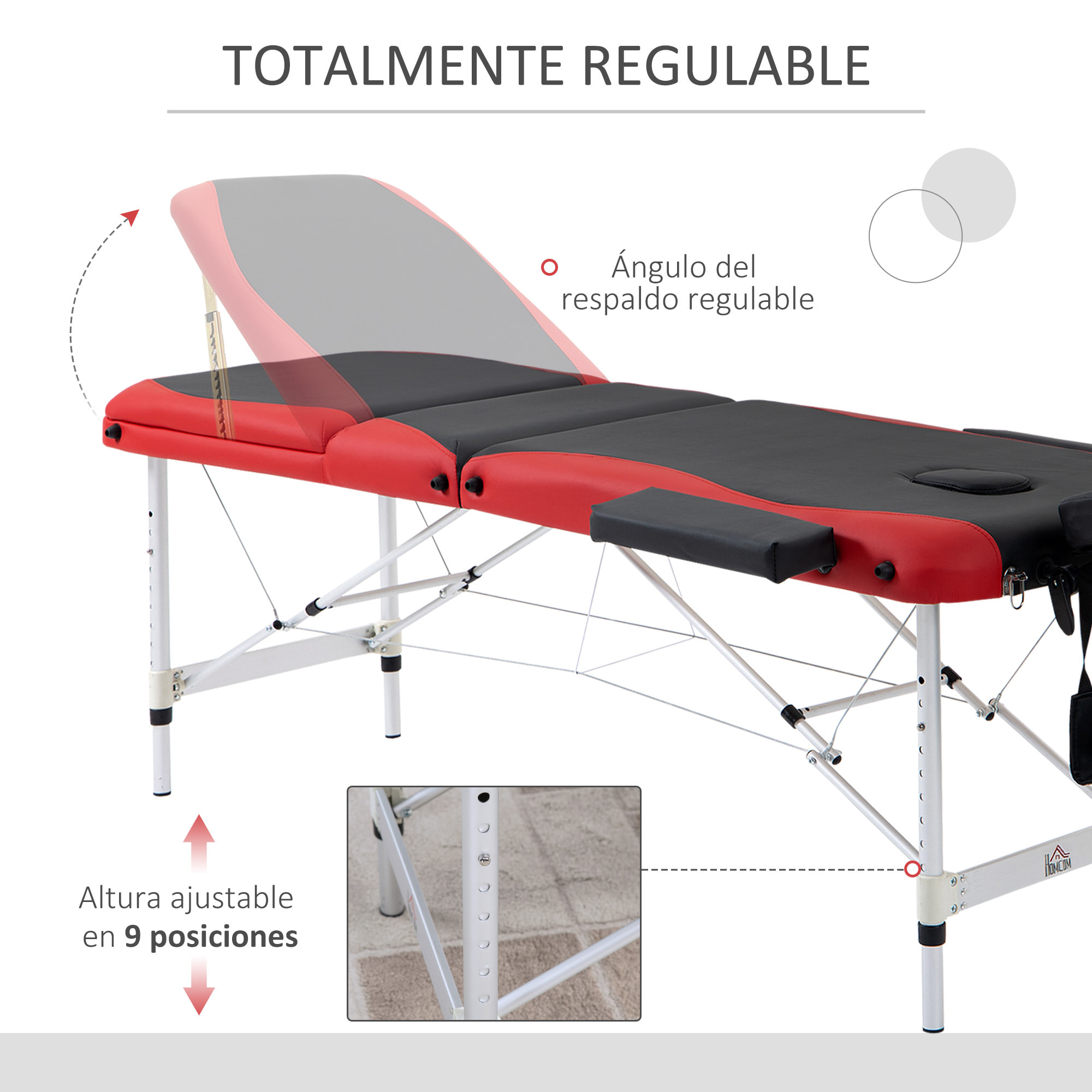 Camilla de Masaje Plegable 185x60cm Portatil Fisioterapeuta 3 Zona Negro y Rojo