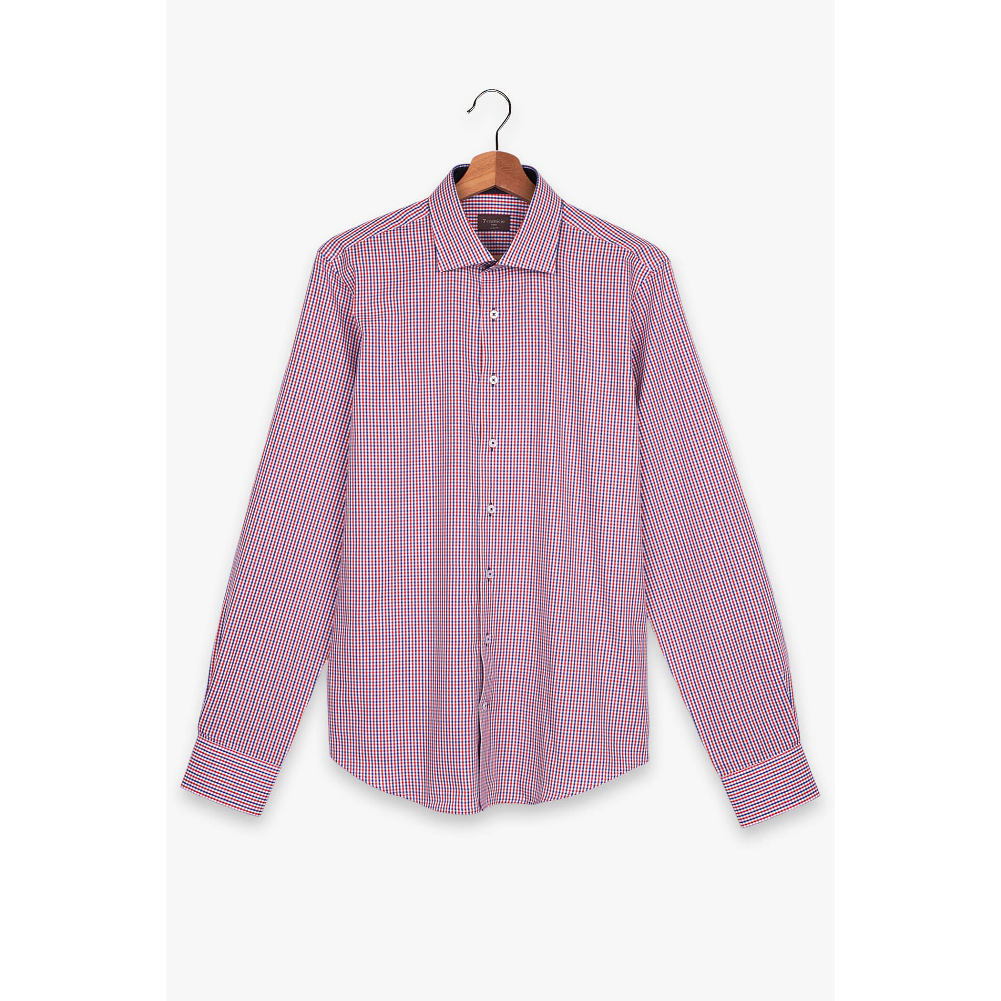 Camicia Uomo 1 Bottone Francese Slim Popeline Quadro Piccolo Blu\Rosso