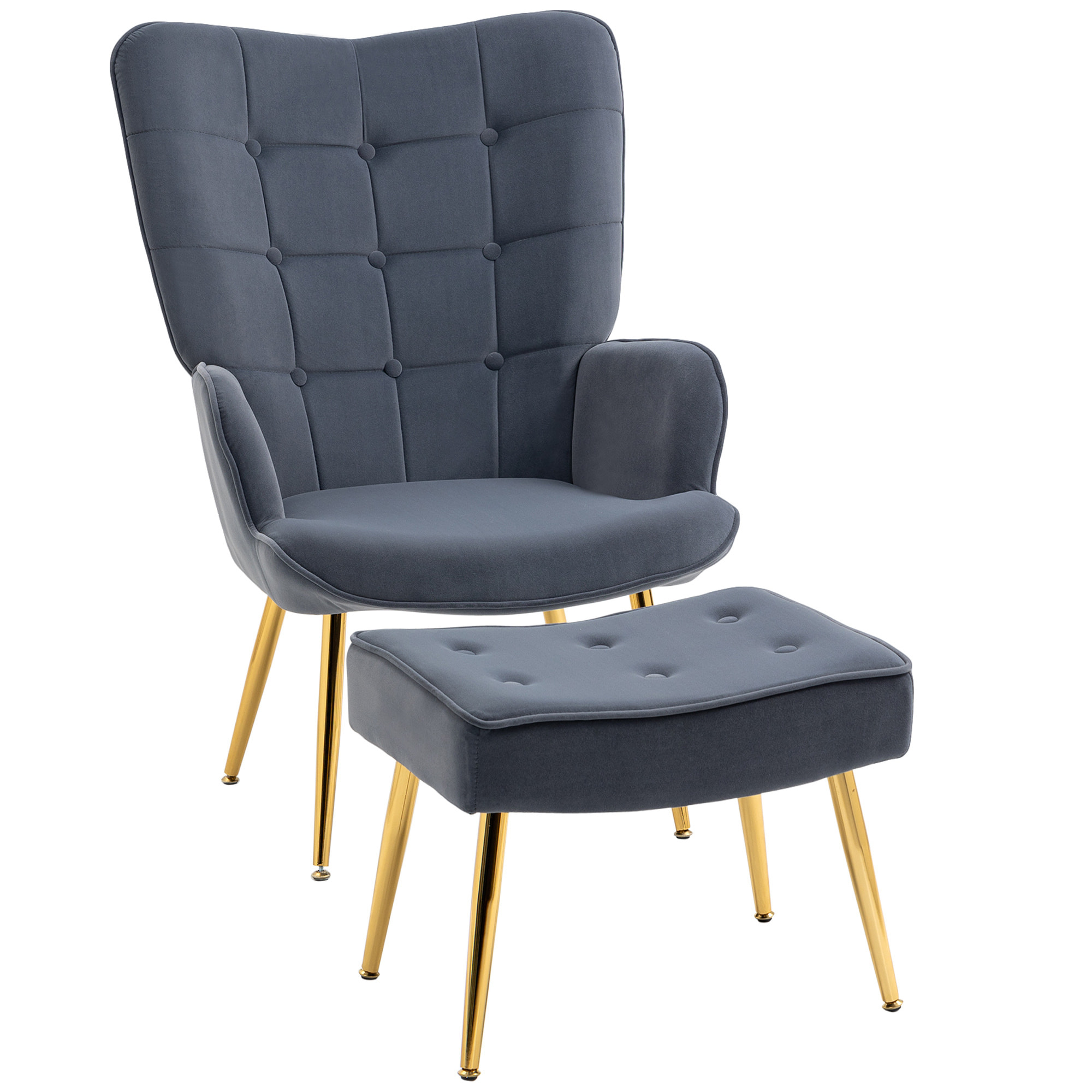 Fauteuil design à oreilles avec repose-pieds métal doré velours gris