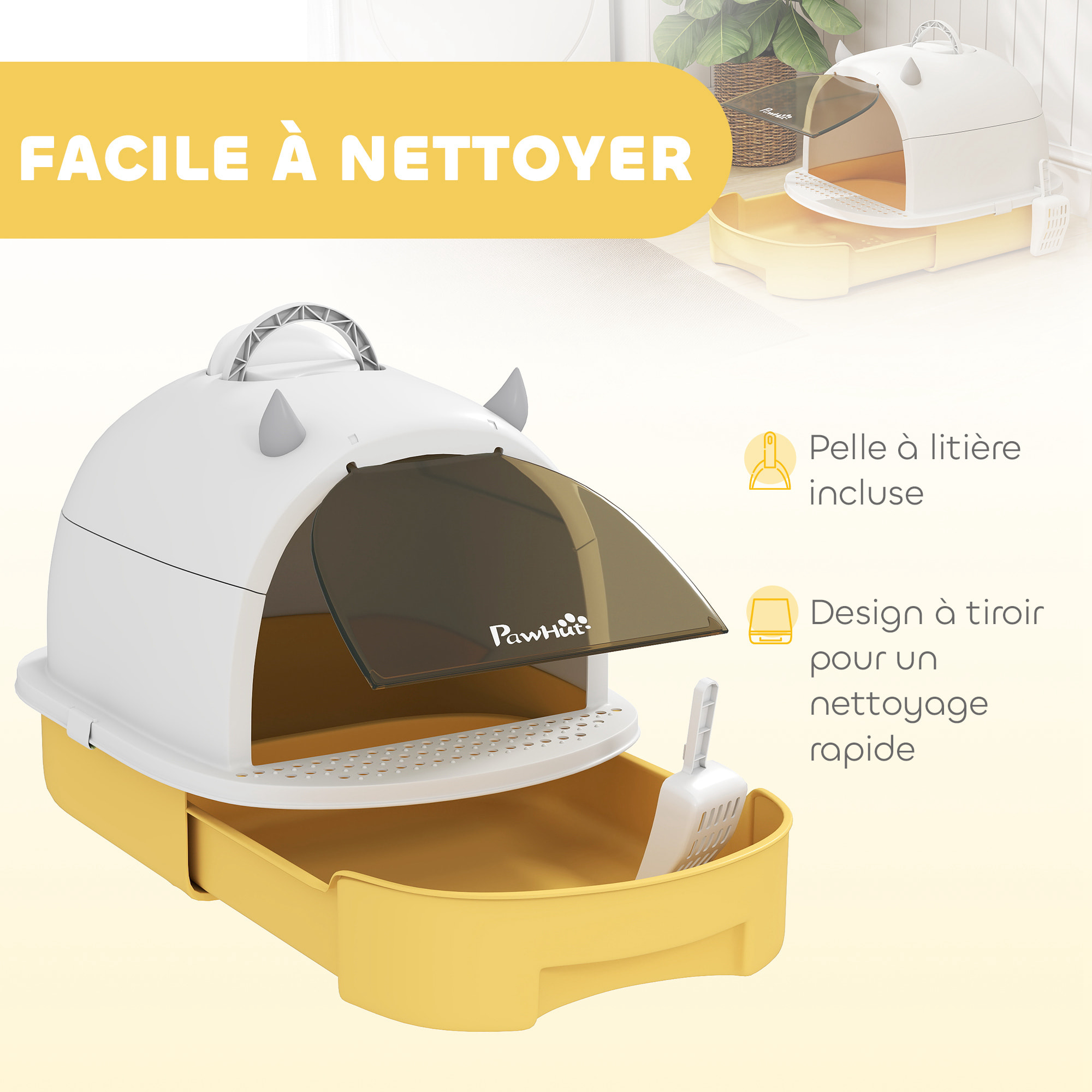 Maison de toilette chat design - porte fumée, pelle, 2 sacs désodorisation, tiroir litière coulissant, poignée - blanc jaune