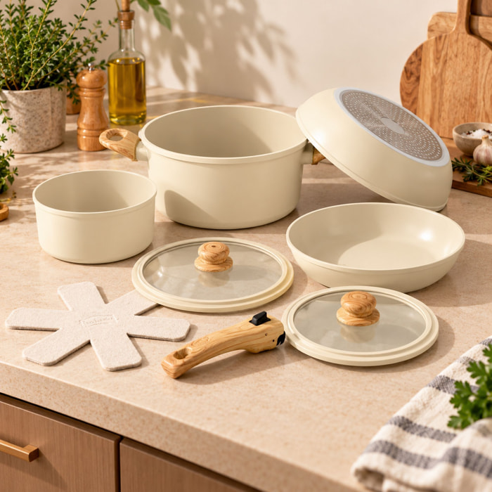 Batterie de cuisine amovible 8 pièces crème en aluminium recyclé COLORAMA