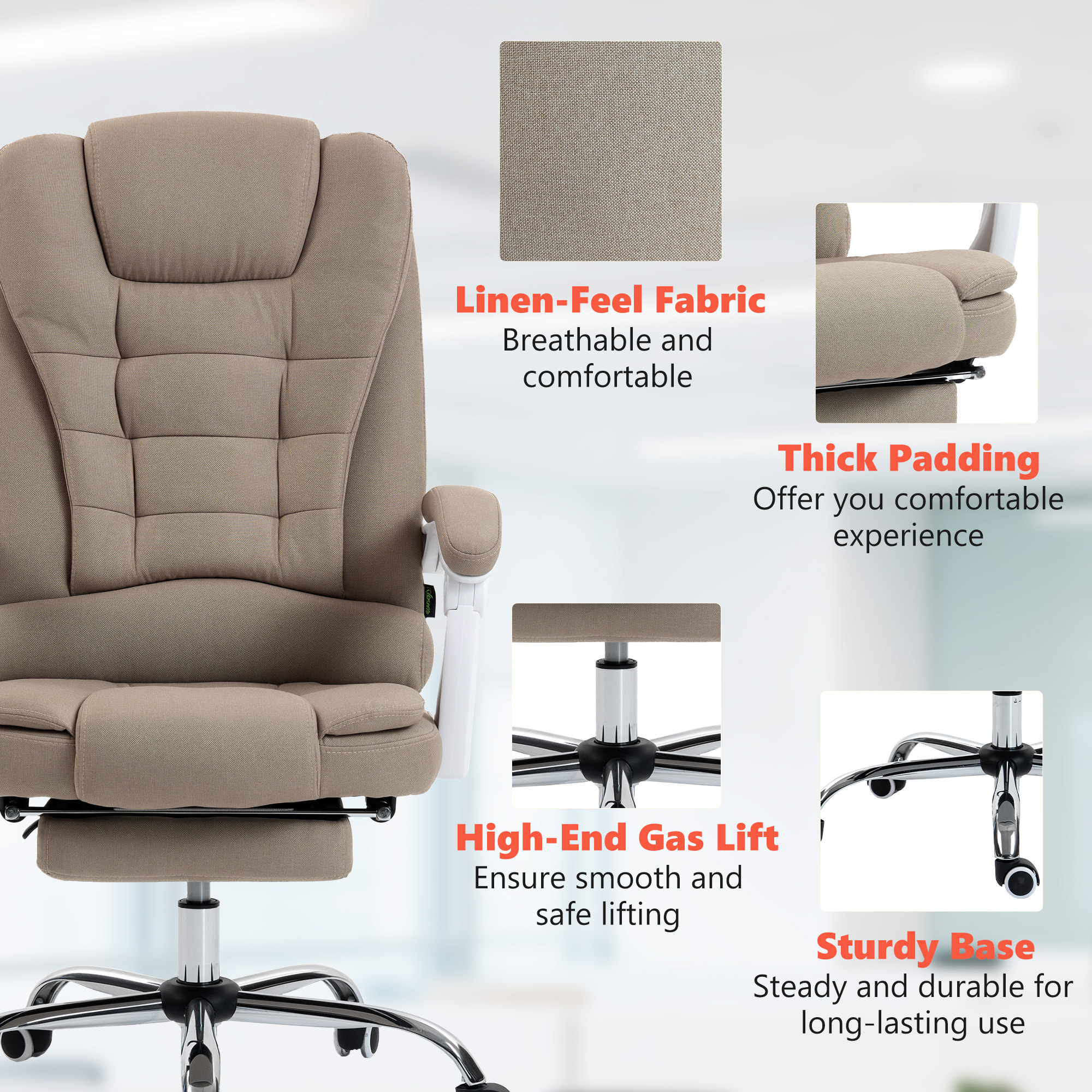 Fauteuil de bureau direction massant chauffant hauteur réglable dossier inclinable tissu beige