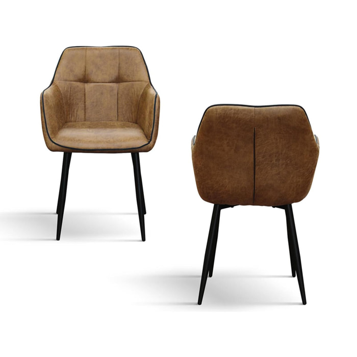 Set di 2 sedie PARIGI in ecopelle cammello e gambe in metallo nero, con braccioli