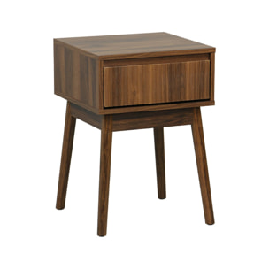 Table de chevet avec un tiroir. Panneaux stratifiés couleur noyer. Pied en bois de sapin.  L 39 x l 39 x H 55.4cm LINEAR