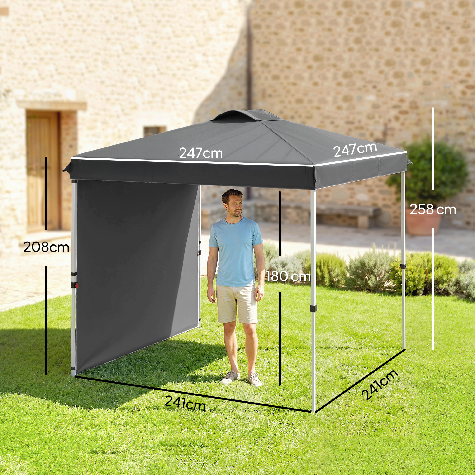 Carpa Plegable 2,5x2,5 m Cenador de Jardín con 1 Pared Lateral Altura Ajustable en 3 Niveles Anti-UV Impermeable y Bolsa de Arena Gazebo para Exterior Camping Fiestas Gris Oscuro