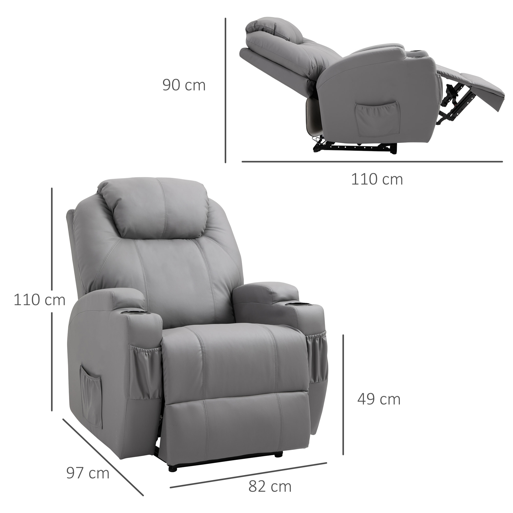 Fauteuil luxe de relaxation et massage inclinaison dossier repose-pied électrique revêtement synthétique gris