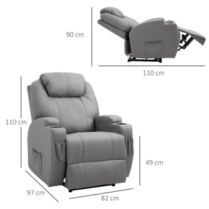 Fauteuil luxe de relaxation et massage inclinaison dossier repose-pied électrique revêtement synthétique gris