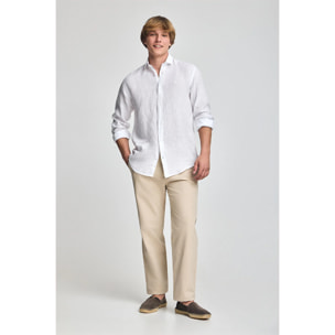 Camisa blanca de lino garment dye con monograma bordado