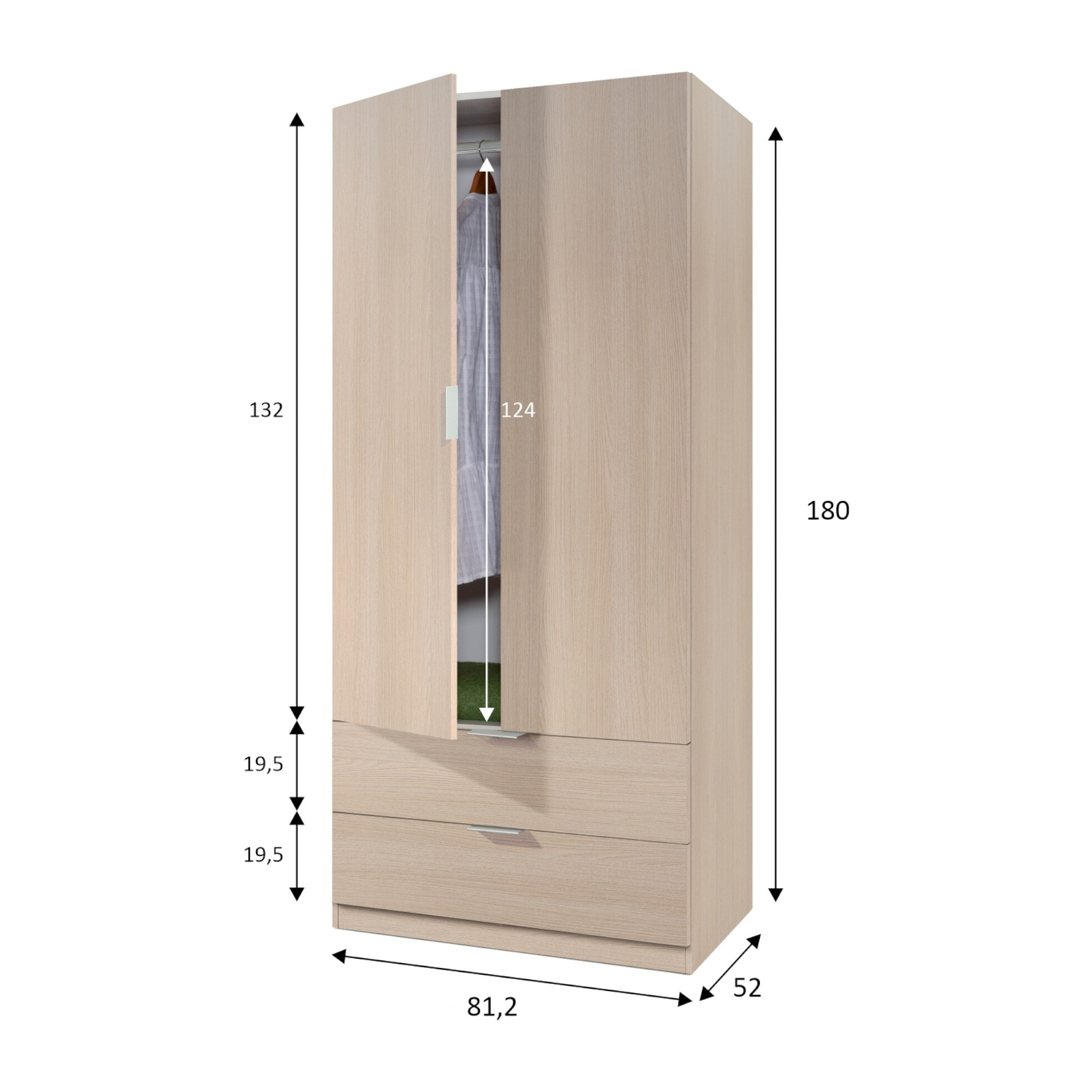 Guardaroba 2 ante Appadu, Armadio per camera da letto 2 cassetti, Mobile con barra appendiabiti, 81x52h180 cm, Quercia