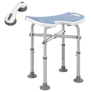 Tabouret de douche - siège de douche avec barre d'appui ventouse - hauteur réglable - alu HDPE bleu clair blanc
