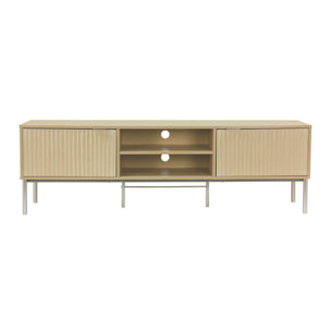 Meuble TV décor bois rainuré et métal champagne. 2 portes 160cm