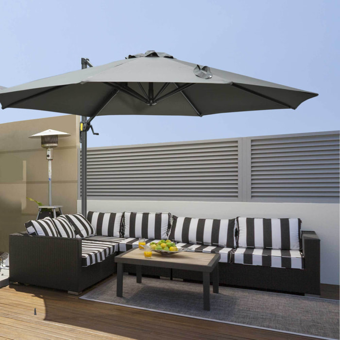 Parasol déporté octogonal inclinable rotatif 360° manivelle piètement acier mât alu. dim. Ø 2,95 x 2,5H m polyester haute densité gris