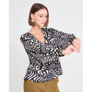 Blusa stampata con maniche a sbuffo e scollo a V