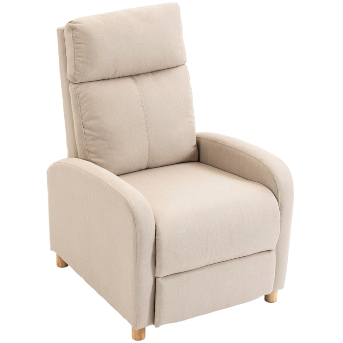 Sillón Relax Reclinable, Sillón Reclinable Manual hasta 135°, Tapizado en Lino, Reposapiés, Muelles Ensacados, Respaldo Alto Grueso y Patas de Madera para Salón, Oficina, Beige