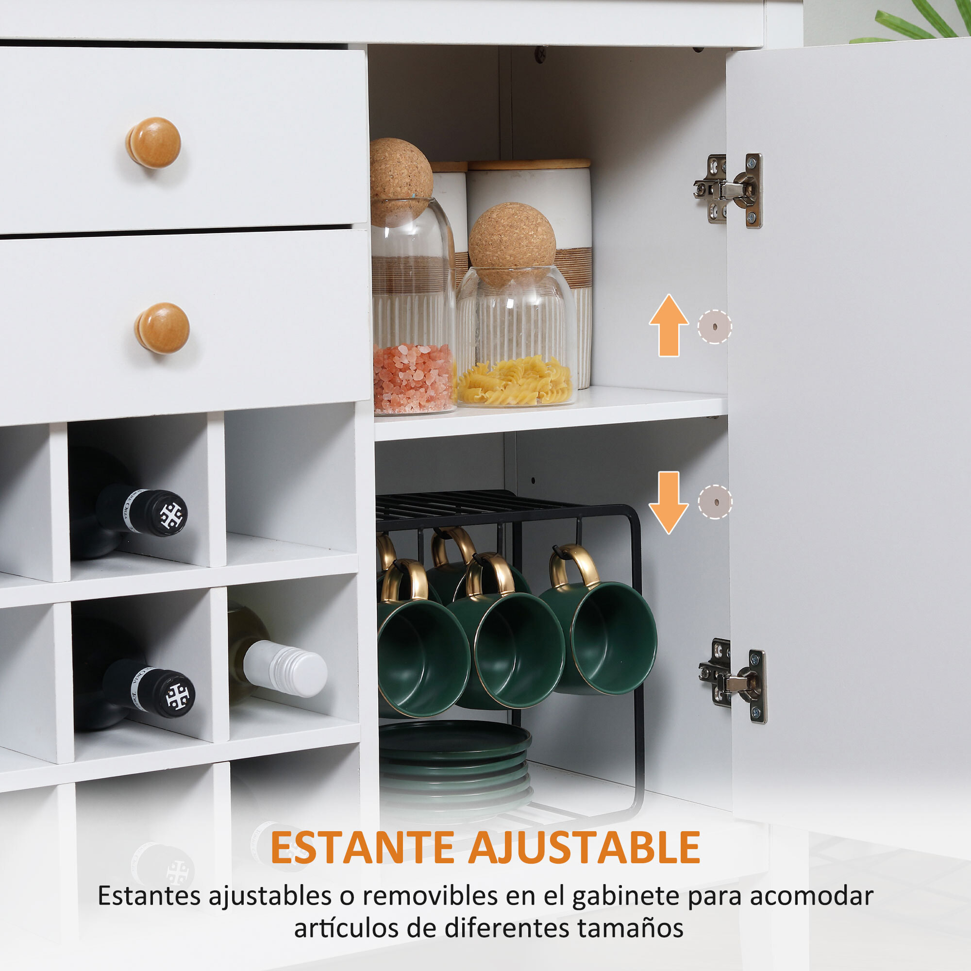 Aparador de Cocina con Botellero Aparador con 2 Cajones 2 Puertas Estantes Ajustables para 9 Botellas Buffet Auxiliar de Cocina para Comedor Salón 110x35x75 cm Blanco