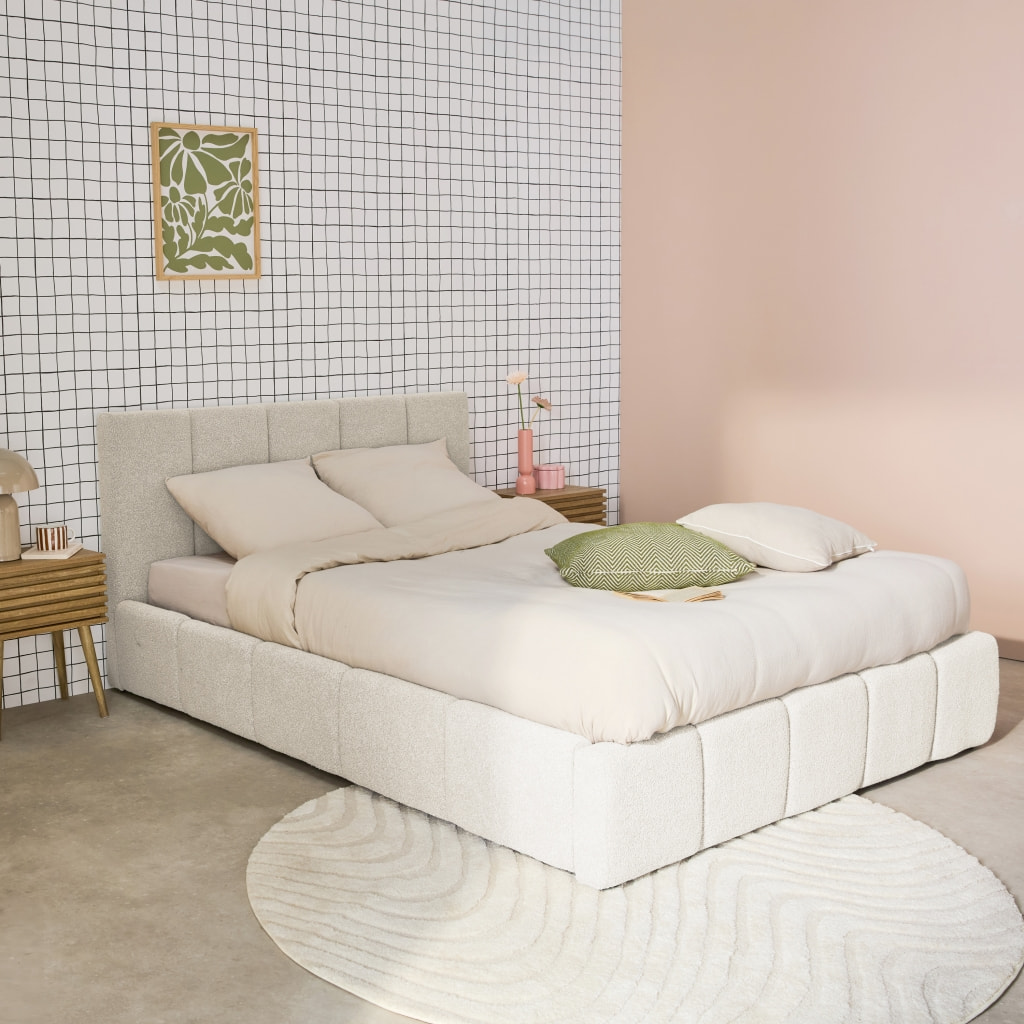 Lit coffre avec sommier à lattes et tête de lit 160 x 200 cm bouclette texturée LEX