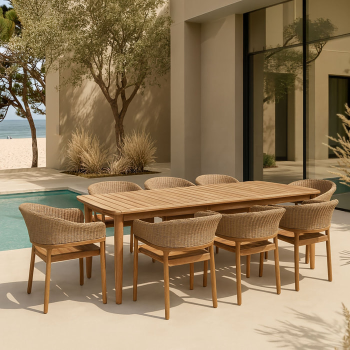 Ensemble table et 8 fauteuils de jardin en bois d'acacia et osier ALHAMBRA