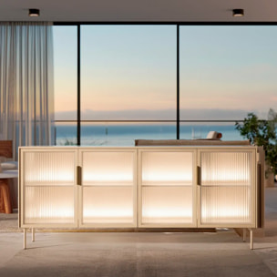 Credenza Madia Moderna Con Vetrina Cassetti E Illuminazione Led Ripiani Materiale In Melaminico 181.3 x 39.3 x 82.6 Cm Cashmere