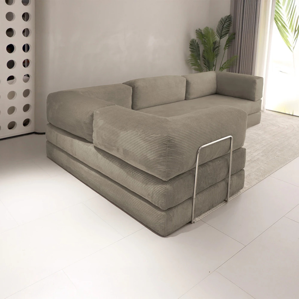 TRENDY - Canapé compressé 5 places angle modulable en velours côtelé taupe