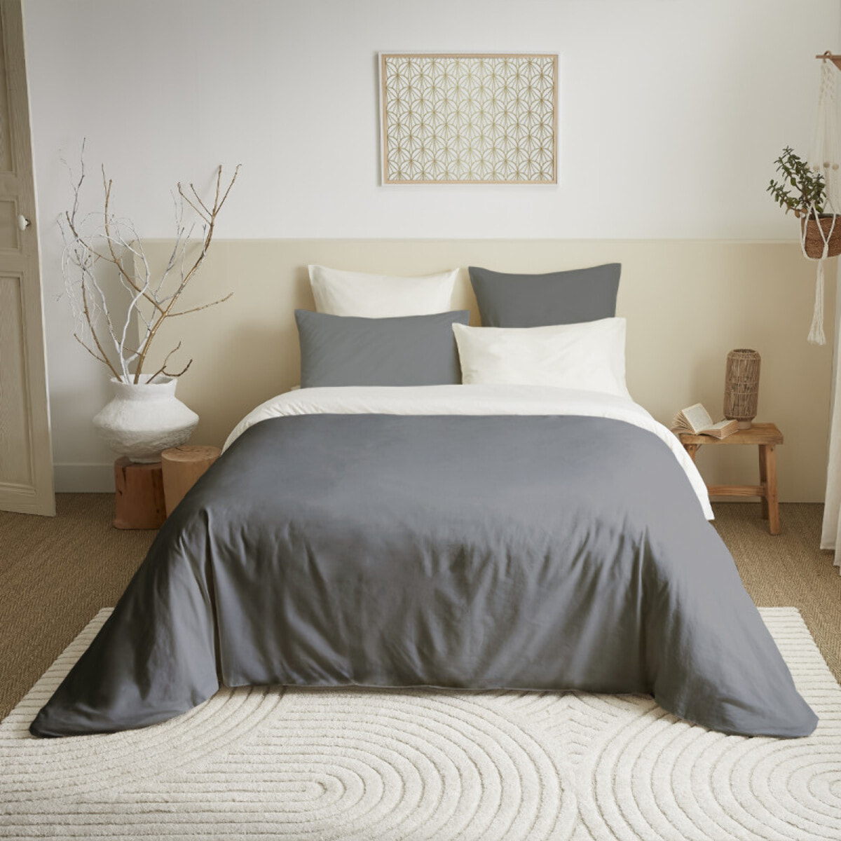 Pack complet 6 pièces Anthracite/Blanc réversible housse de couette