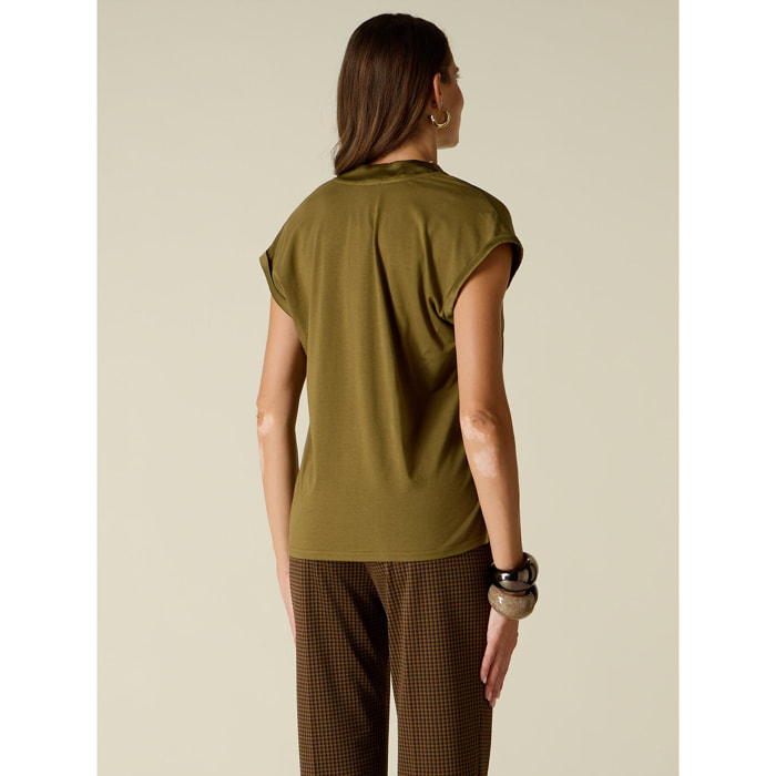 Oltre - T-shirt bimaterica scollo a V - Verde militare