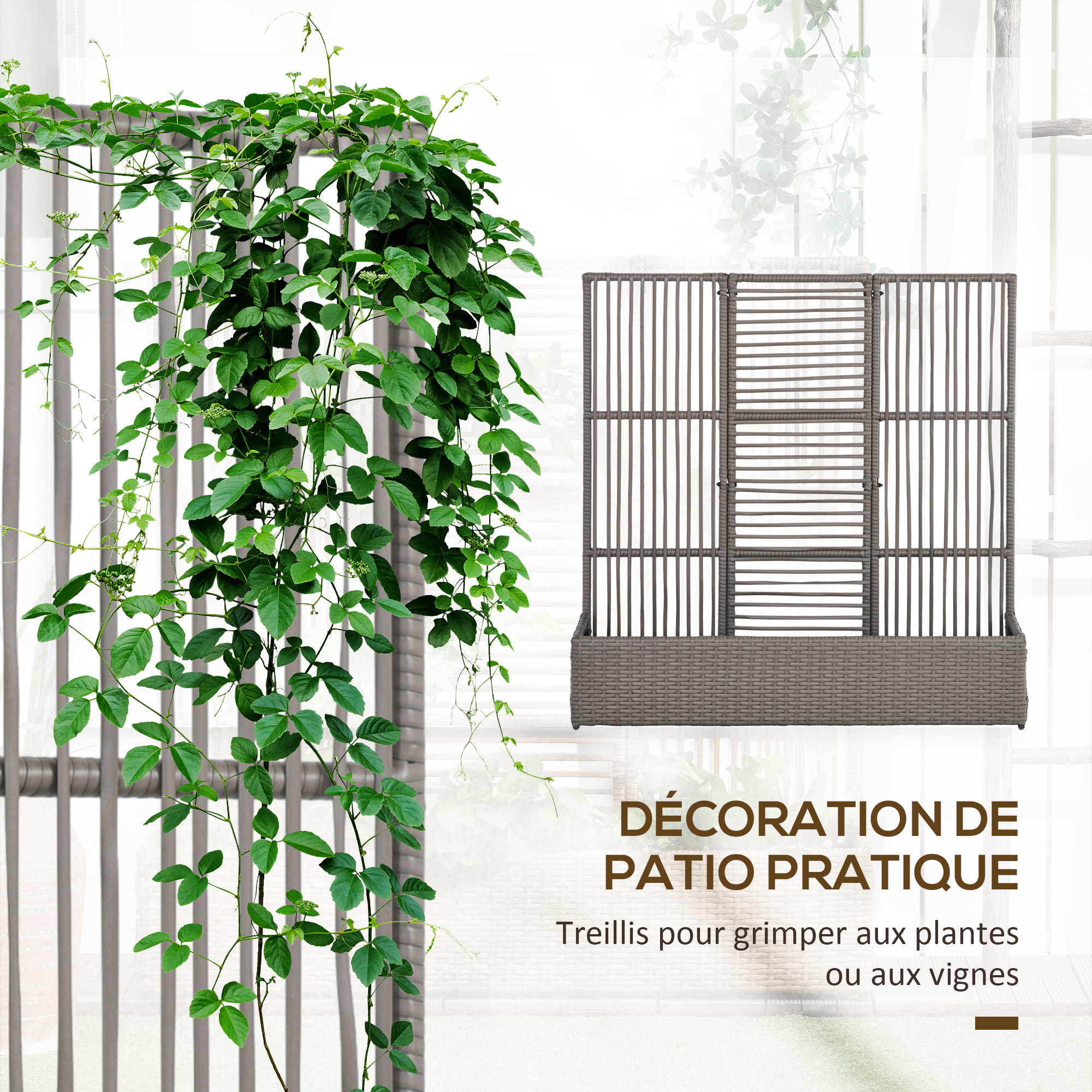Jardinière avec treillis haut dim. 103L x 29l x 103H cm résine tressée PE aspect rotin gris