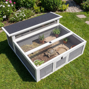 Enclos tortue maison tortue dim. 113x106,5x44cm niche couverte porte blanc gris