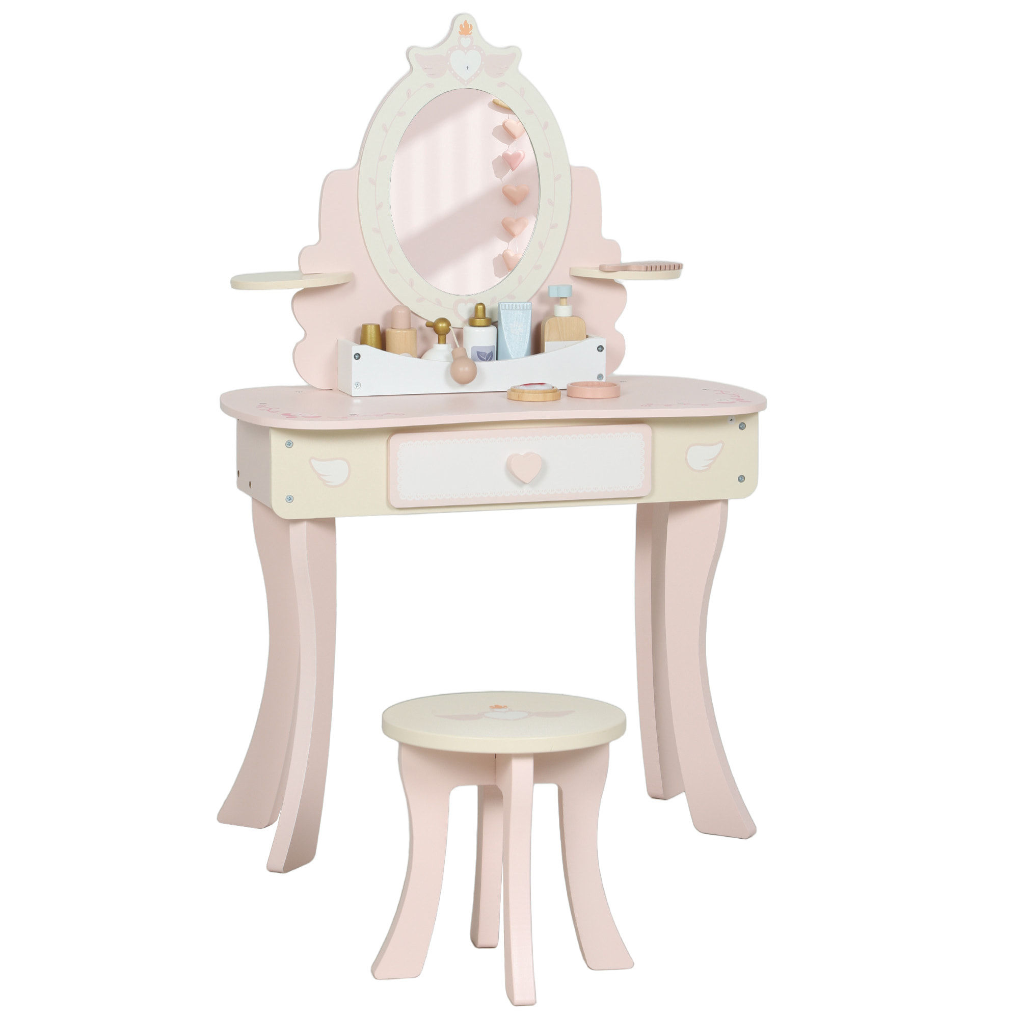 Coiffeuse enfant en bois avec tabouret et miroir - jeu d'imitation 7 accessoires inclus - rose blanc écru