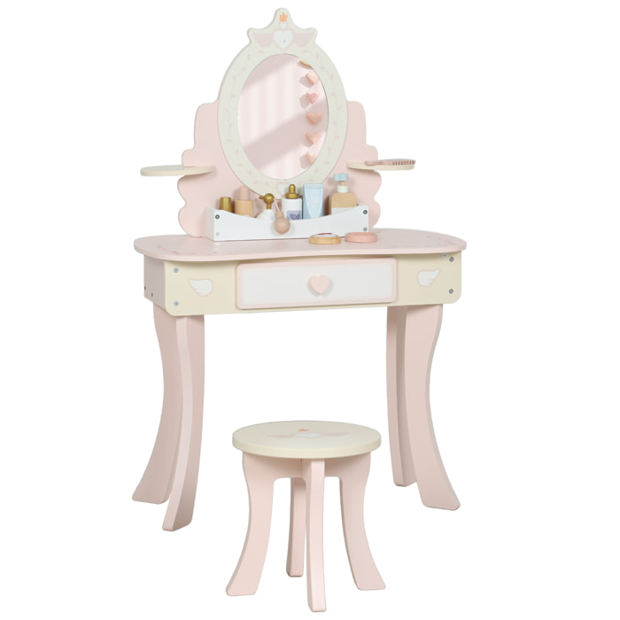 Coiffeuse enfant en bois avec tabouret et miroir - jeu d'imitation 7 accessoires inclus - rose blanc écru