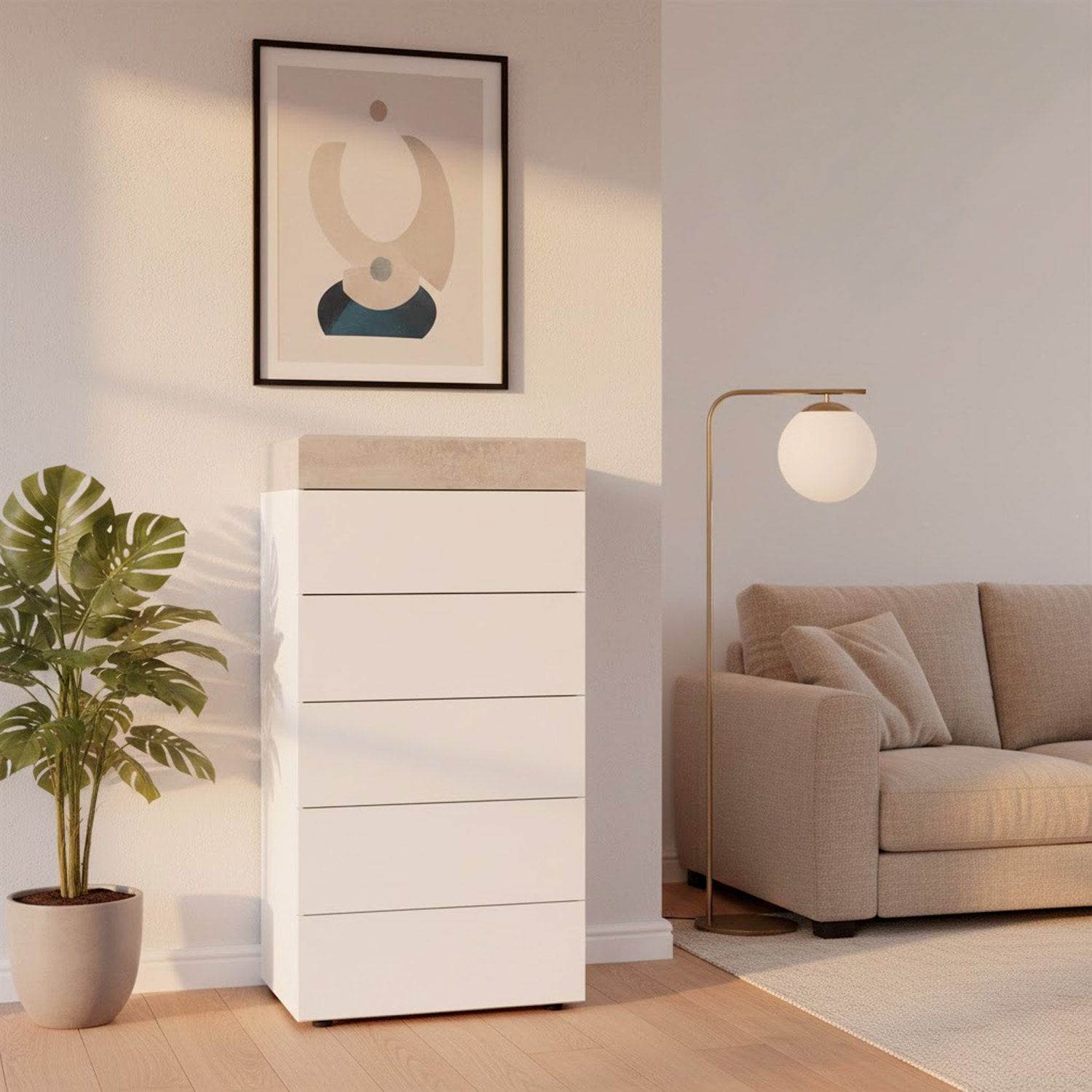 Comò Cassettiera Per Camera Da Letto Settimino Con 5 Cassetti Design Moderno Salvaspazio Mobile Comodino 110 x 40 x 61 Cm Bianco E Grigio Cemento