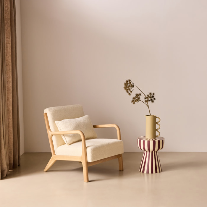 Fauteuil scandinave bois d'hévéa et bouclette texturée LORENS