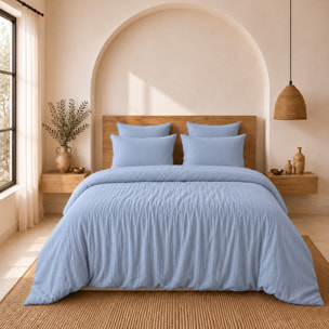 Parure housse de couette gaze de coton lavé bleu givrée