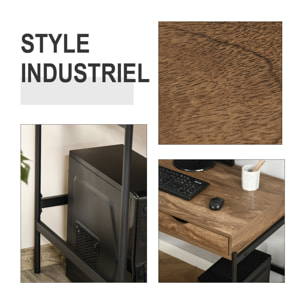 Bureau style industriel dim. 110L x 55l x 75H cm cm tiroir + 2 tiroirs piètement métal noir plateau MDF aspect bois