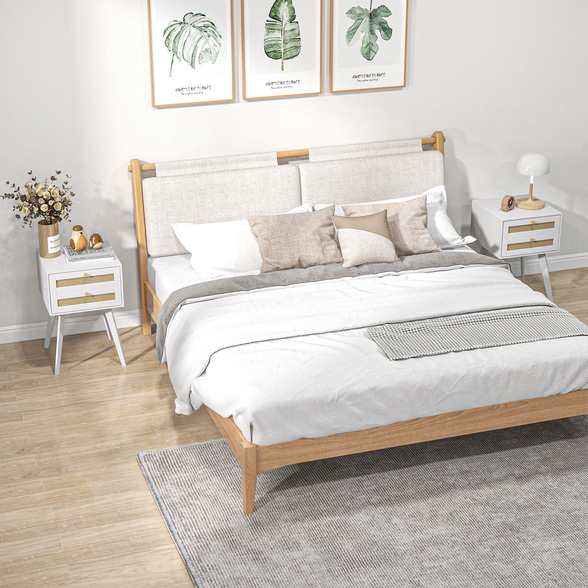 Conjunto de 2 Mesitas de Noche Mesillas de Noche Estilo Cannage con 2 Cajones y Elemento de Ratán Mesitas Auxiliares Pequeñas para Dormitorio Salón 40x40x60 cm Blanco