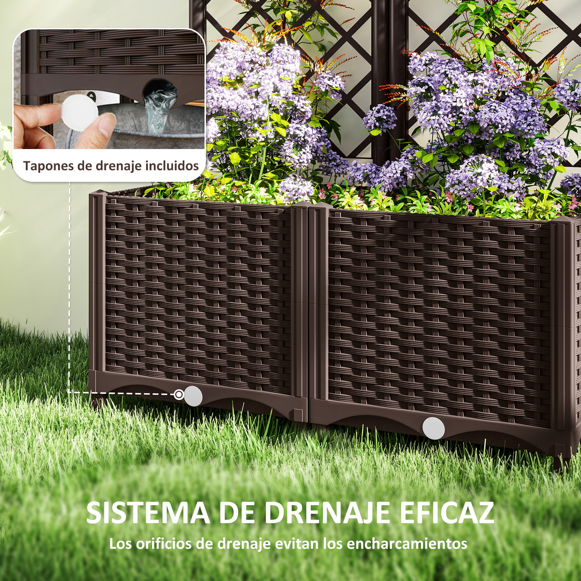 Jardinera con Enrejado de PP Jardinera Exterior Grande con Drenaje y Amplio Espacio para Plantas Trepadoras Macetero con Soporte para Jardín Patio Terraza 80x40x135 cm Marrón