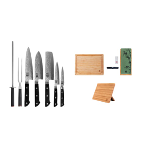 Il Set Hashi Tsuchime Deluxe Completo 10 pezzi: 5 coltelli (ufficio + petty + nakiri + santoku + gyuto) + supporto magnetico per coltelli in bambù + tagliere in bambù + set per affilatura grana 180/800 + acciaino + forchetta da taglio