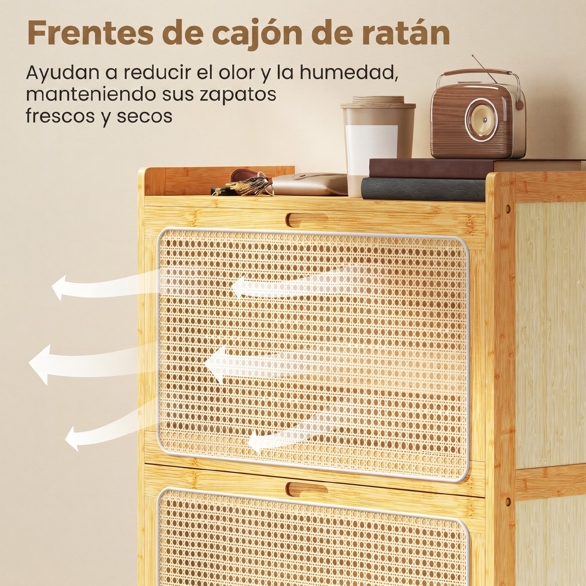Zapatero Estrecho de Bambú con 2 Cajones Abatibles de Ratán, Mueble Zapatero Bohemio con Estantes Ajustables, para 12-14 Pares de Zapatos, para Pasillos, Entradas, 69x29x83 cm, Natural
