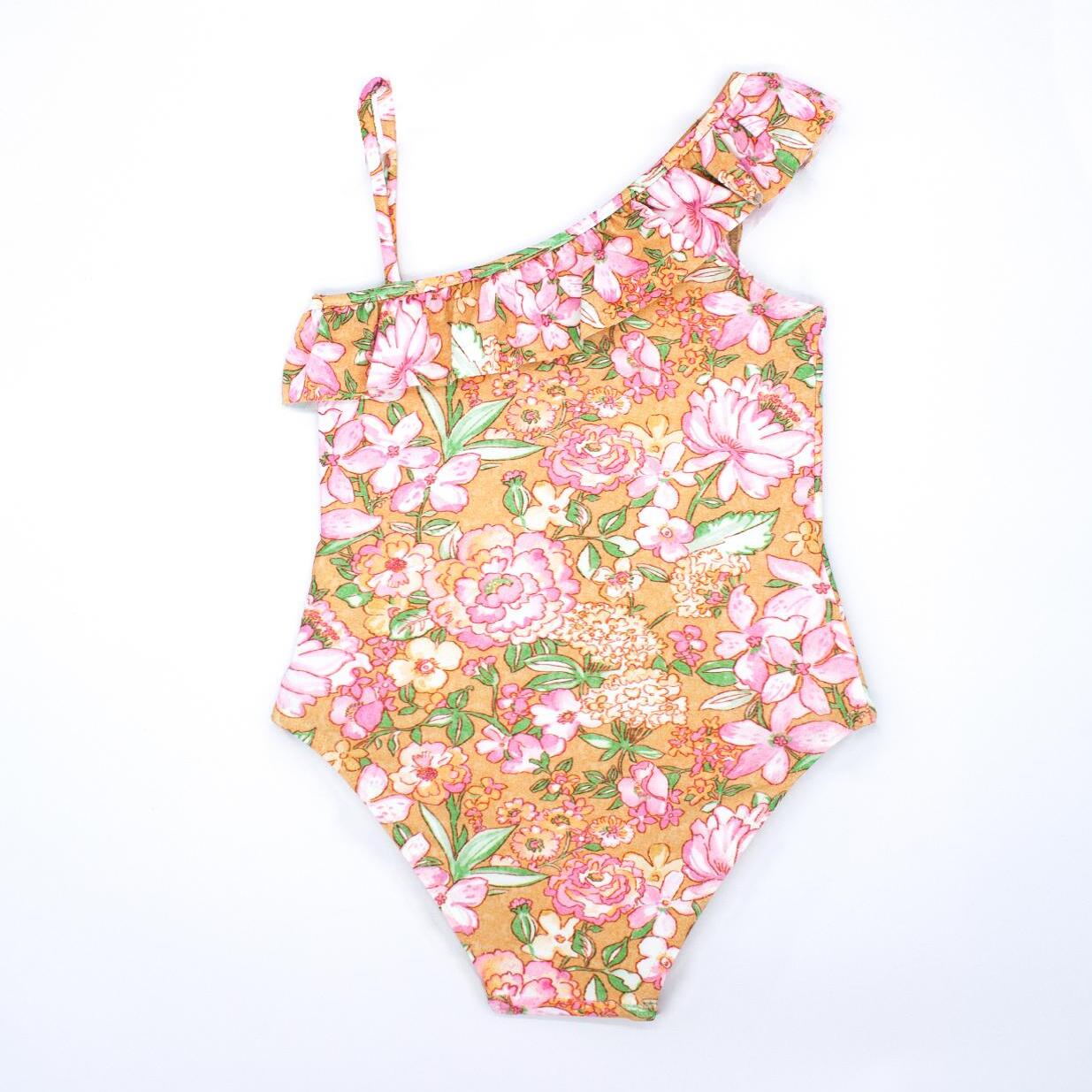 Bañador asimétrico ocre flor rosa