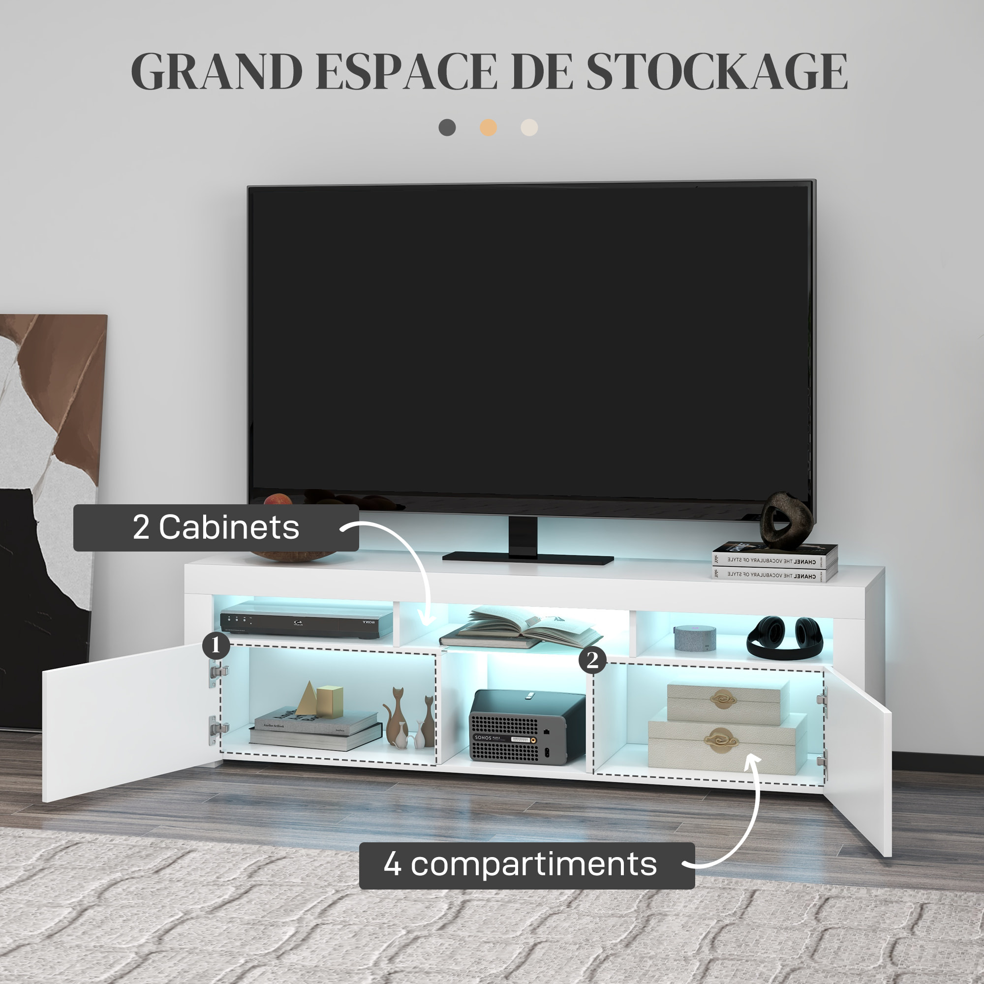 Meuble TV design LED - 55 pouces max. - 2 portes, 4 niches - dim. 150L x 38l x 45H cm - blanc laqué