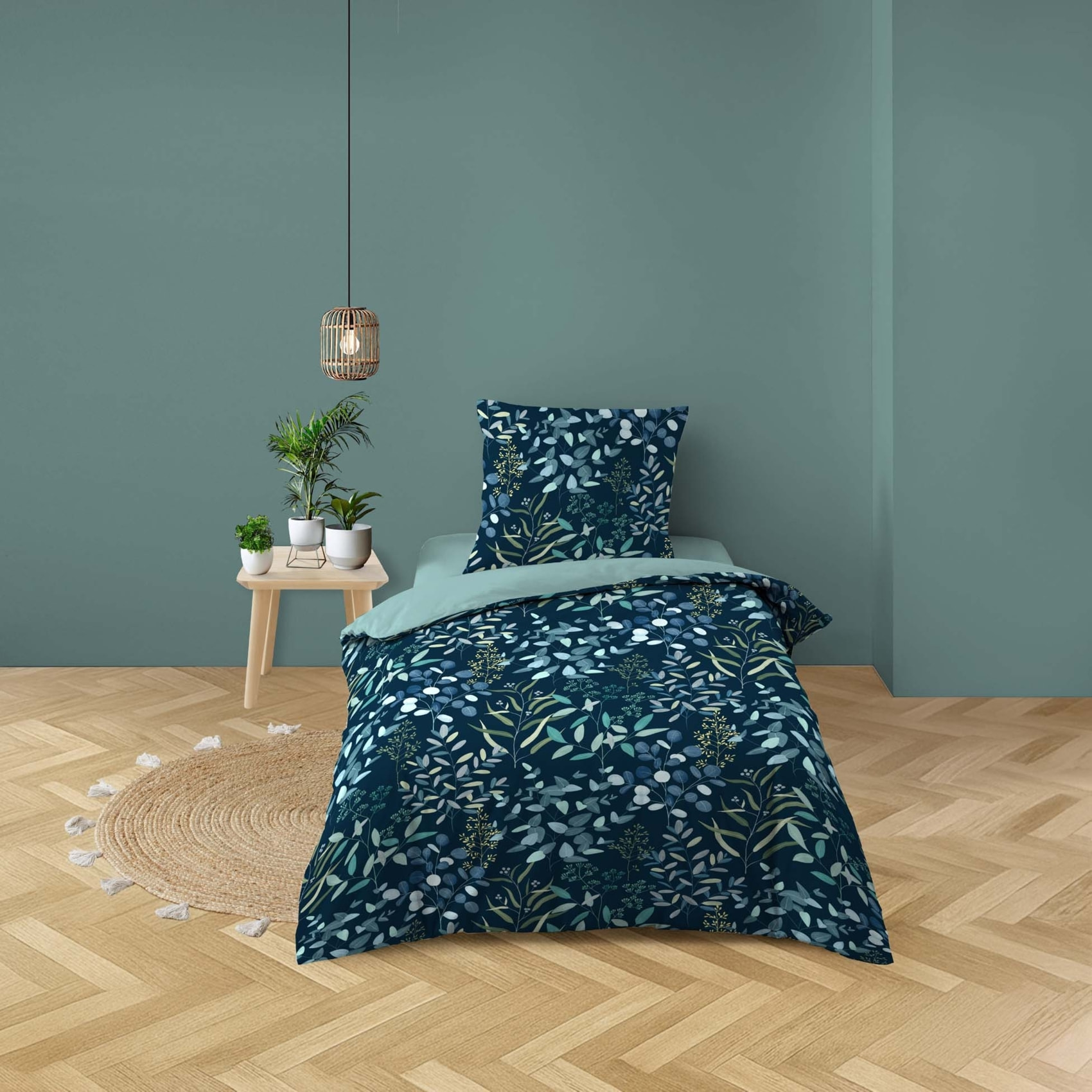 Parure de lit 2 pièces 100 % coton imprimé à motif végétal housse + taie - Bleu